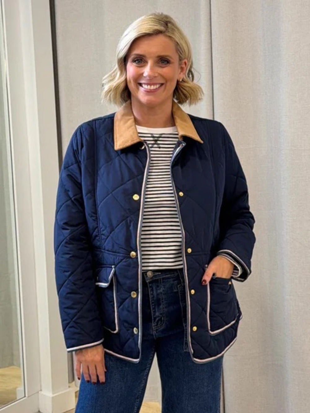 Talbots petite quilted barn jacket navy collar corduroy buttons puffer pockets